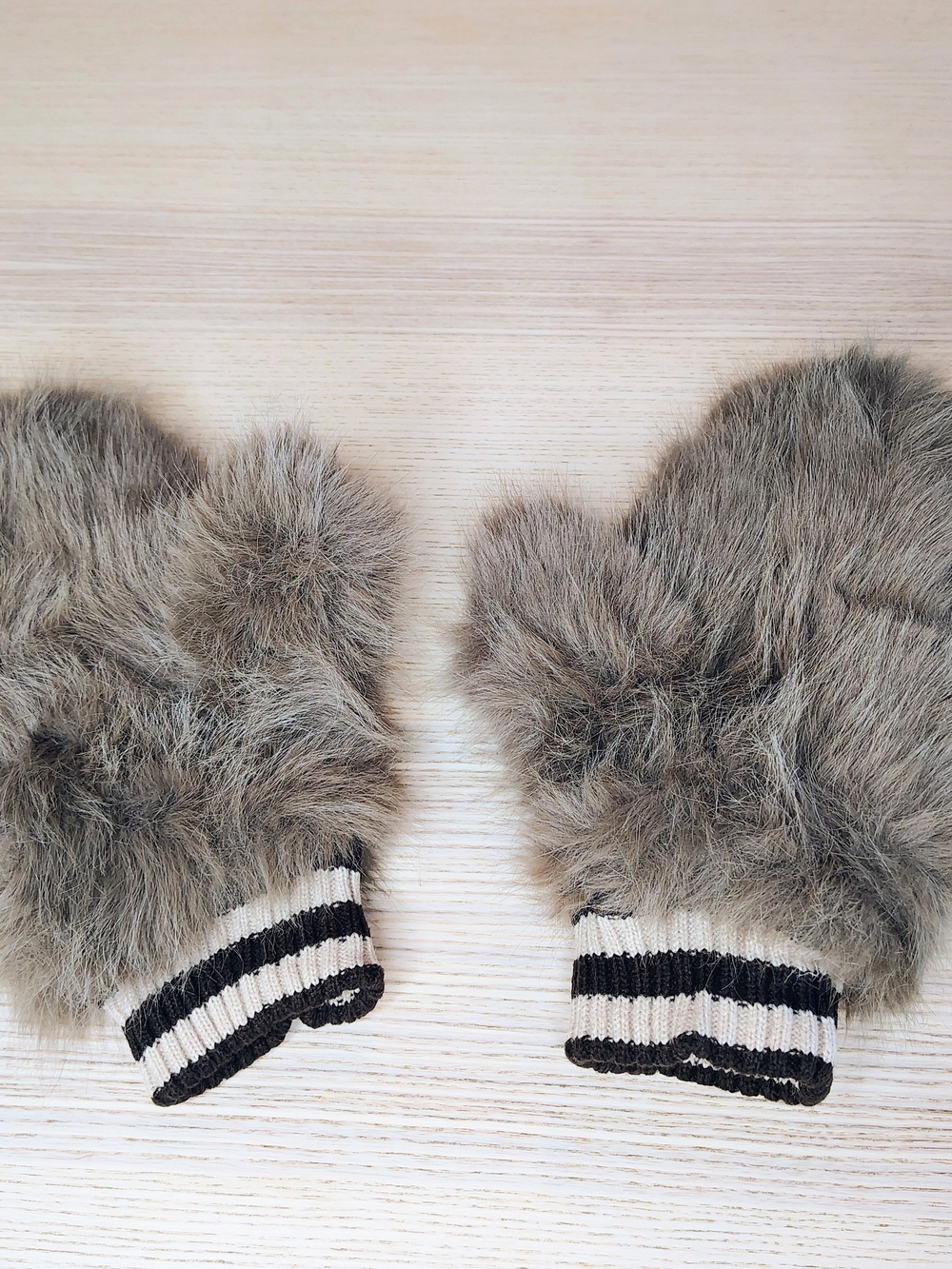 NEW Gray Brown Faux Fur Mittens Striped Knit Cuffs Winter Luxe Casual One Size